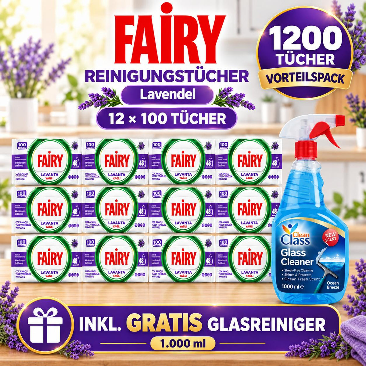 FAIRY Oberflächen-Reinigungstücher Lavendel – 12er Set, 12 x 100 Tücher + 1 Gratis-Glasreiniger