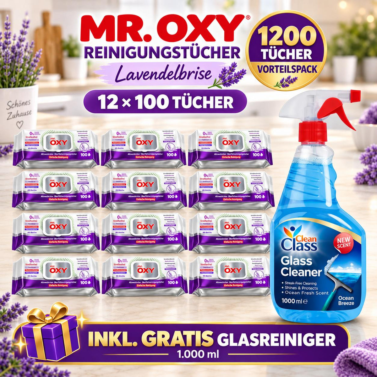Mr Oxy Oberflächen-Reinigungstücher Lavendelbrise – 12er Set, 12 x 100 Tücher + 1 Gratis-Glasreiniger