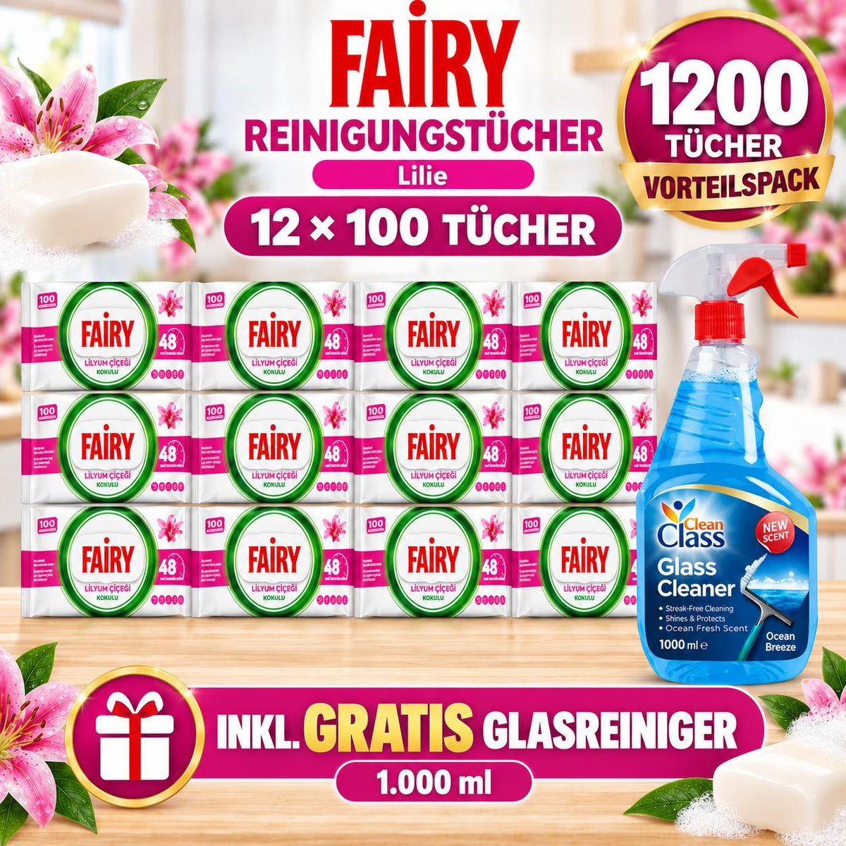 FAIRY Oberflächen-Reinigungstücher Lilie – 12er Set, 12 x 100 Tücher + 1 Gratis-Glasreiniger