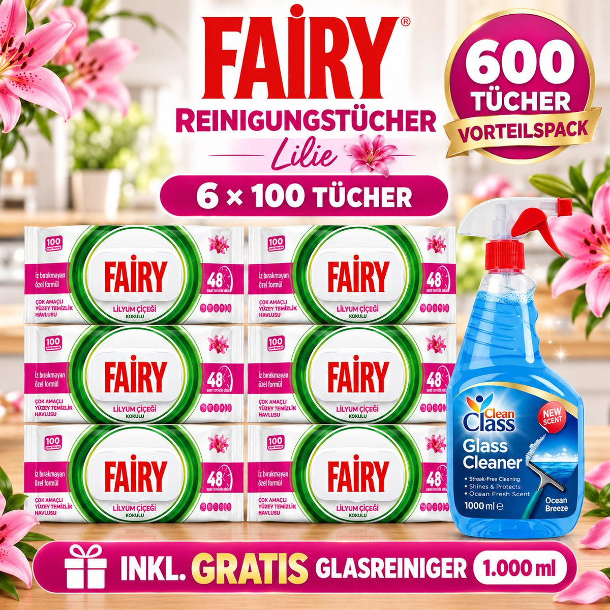 FAIRY Oberflächen-Reinigungstücher Lilie – 6er Set, 6 x 100 Tücher + 1 Gratis-Glasreiniger