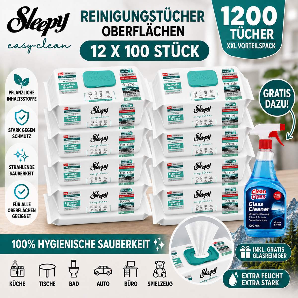 Sleepy Easy Clean Oberflächenreinigungstücher – 12x100 Montain + Glasreiniger GRATIS