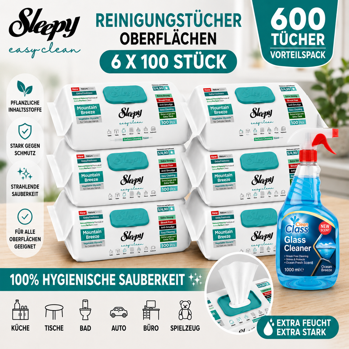 Sleepy Easy Clean Oberflächenreinigungstücher – 6x100 Montain + Glasreiniger GRATIS