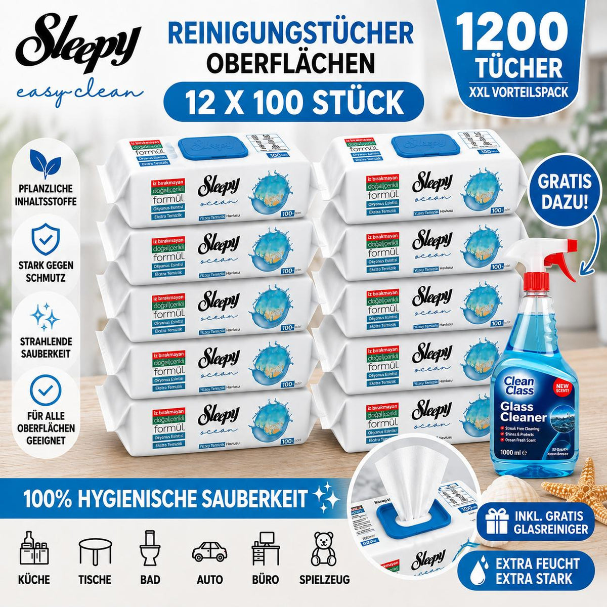 Sleepy Easy Clean Oberflächenreinigungstücher – 12x100 Ocean + Glasreiniger GRATIS