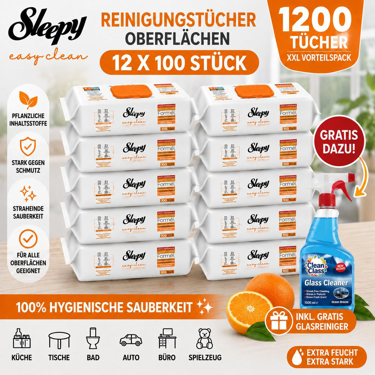Sleepy Easy Clean Oberflächenreinigungstücher – 12x100 Orange + Glasreiniger GRATIS