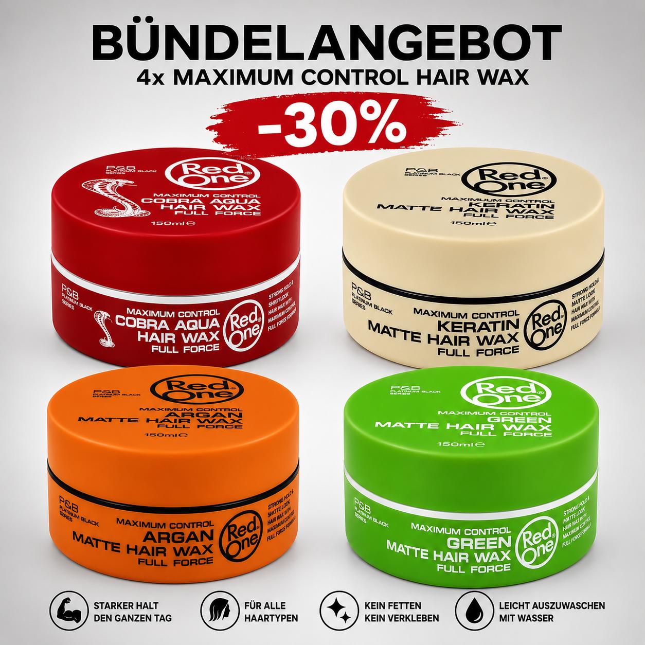 RedOne Hair Wax Mix Set 4x150ml – Cobra Aqua, Argan Matte, Keratin Matte & Red Hair Wax Styling Wachs Set für Männer, starker Halt, Glanz & Matt Finish, Barber Haarwachs Vorteilspack