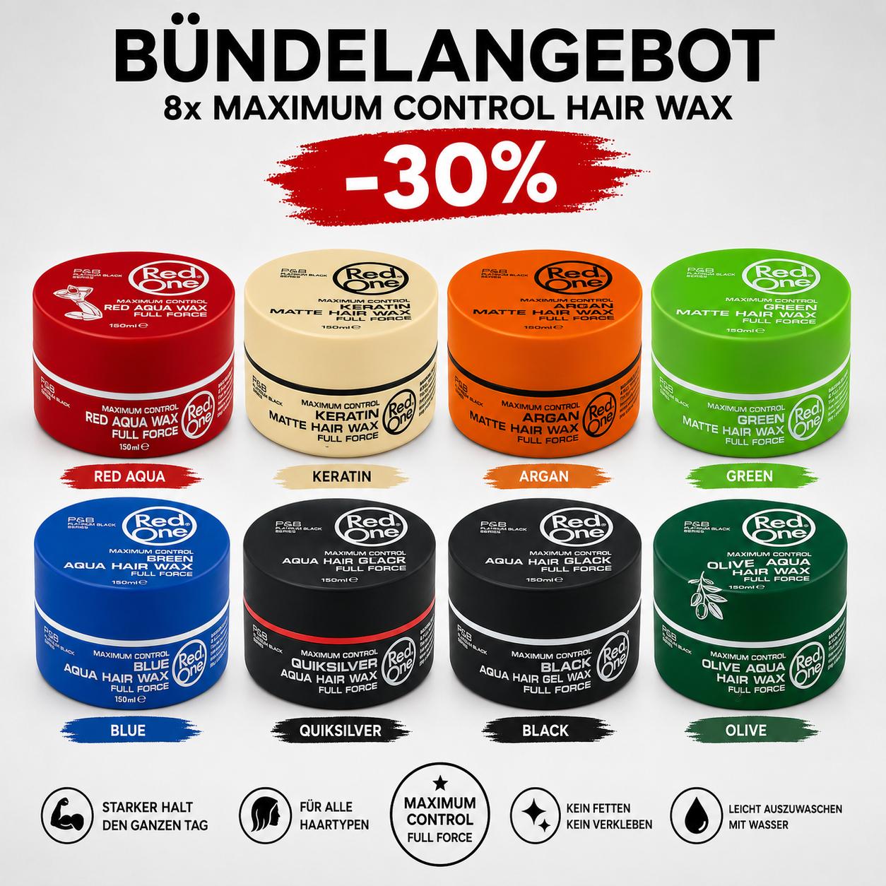 RedOne Hair Wax Mix Set 8x150ml – Aqua Gel Wax & Matte Hair Wax Styling Wachs Set für Männer, starker Halt, Glanz & Matt Finish, Friseur Haarwachs Vorteilspack mit Red, White, Blue, Quicksilver, Green, Black, Orange & Olive