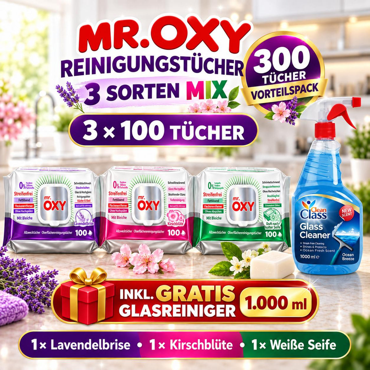 Mr Oxy Oberflächen-Reinigungstücher alle 3 Sorten – 3er Mixset, 3 x 100 Tücher + 1 Gratis-Glasreiniger
