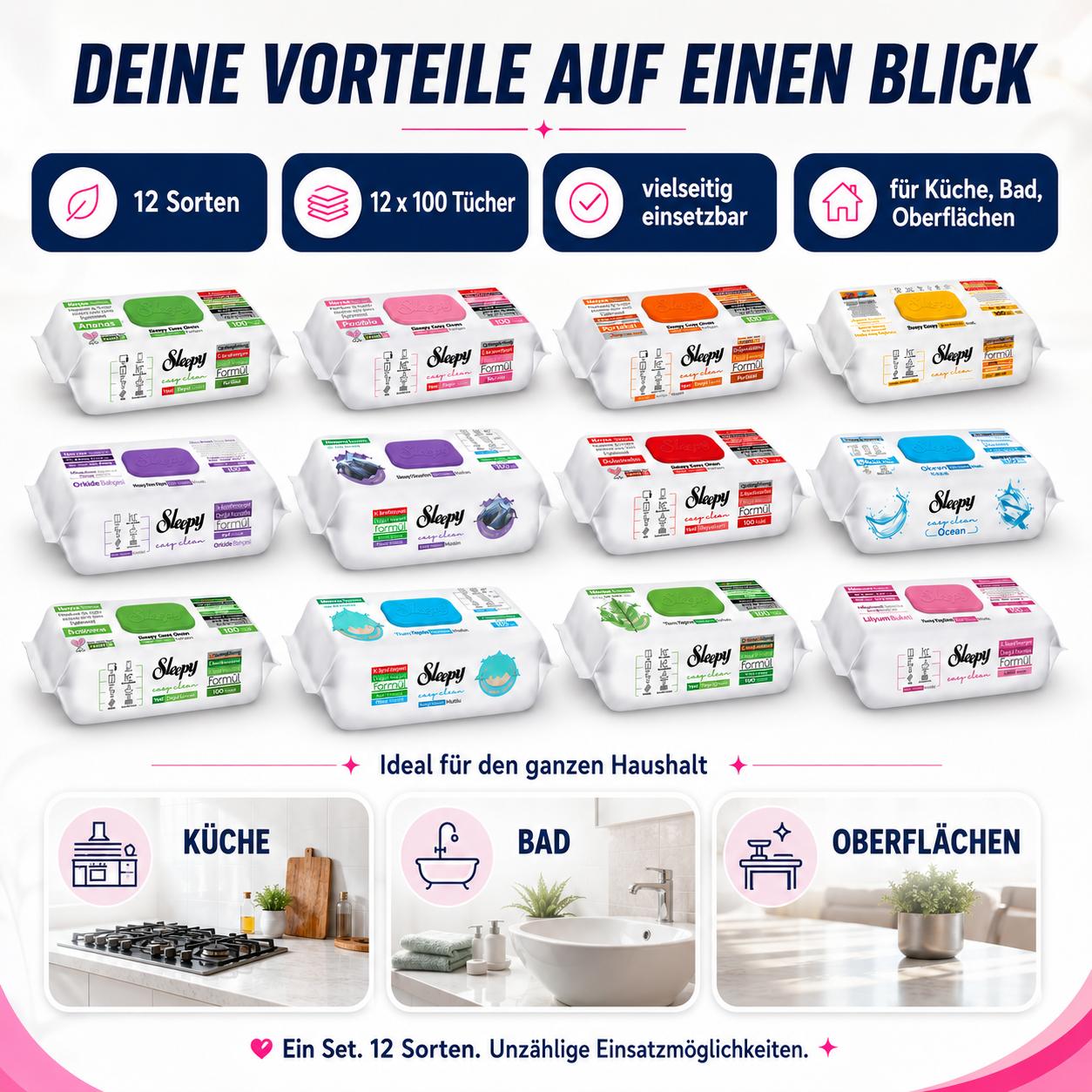 Sleepy Easy Clean XXL Reinigungstücher 12er Mix-Set (1.200 Stk.) – Alle neuen Düfte Vorratspack
