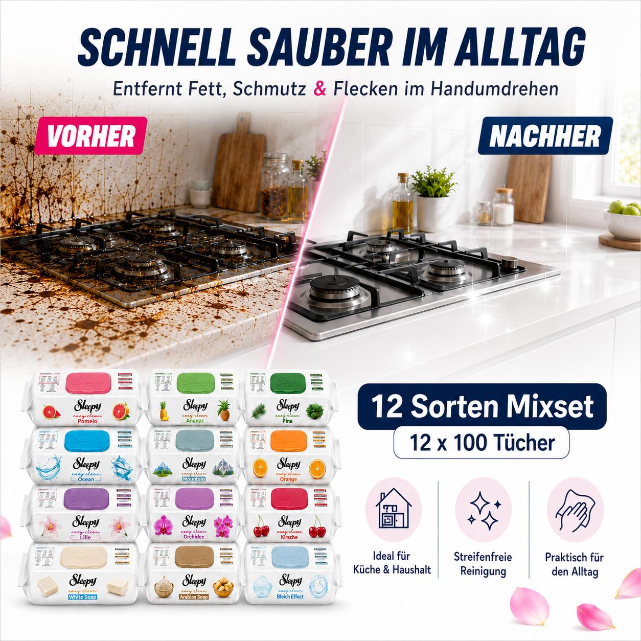 Sleepy Easy Clean 12er Mixset – 1.200 Oberflächenreinigungstücher für Küche, Bad & Alltag