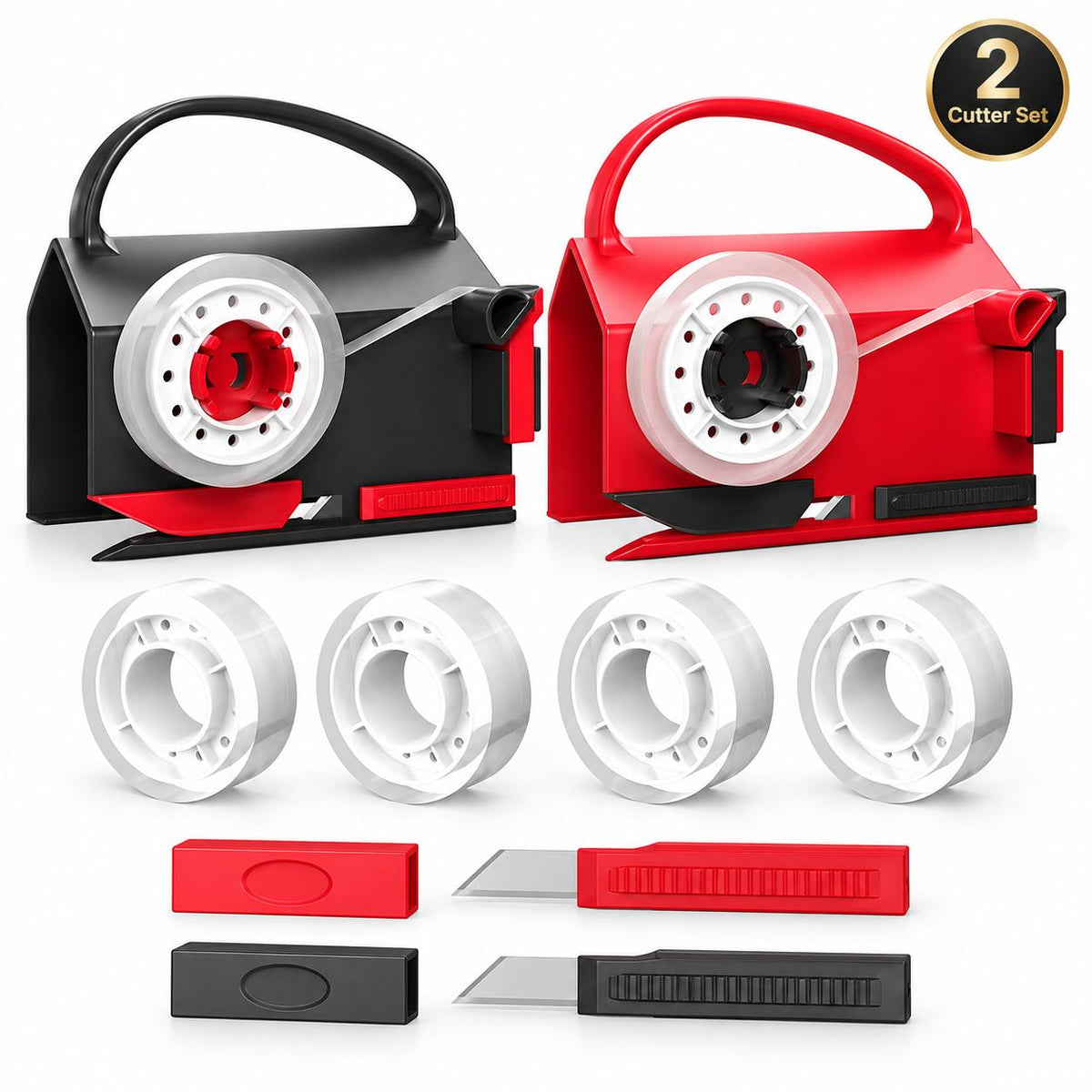 2-in-1 Geschenkpapier Cutter & Klebebandspender – 2er Set mit 4 Klebebandrollen + 2 Ersatzklingen
