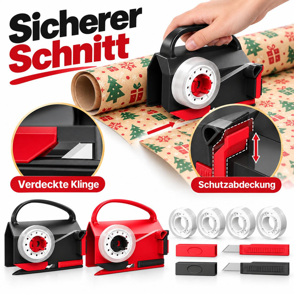 2-in-1 Geschenkpapier Cutter & Klebebandspender – 2er Set mit 4 Klebebandrollen + 2 Ersatzklingen