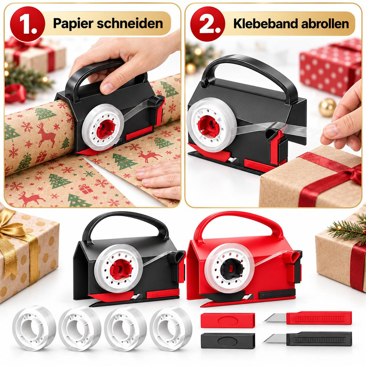 2-in-1 Geschenkpapier Cutter & Klebebandspender – 2er Set mit 4 Klebebandrollen + 2 Ersatzklingen