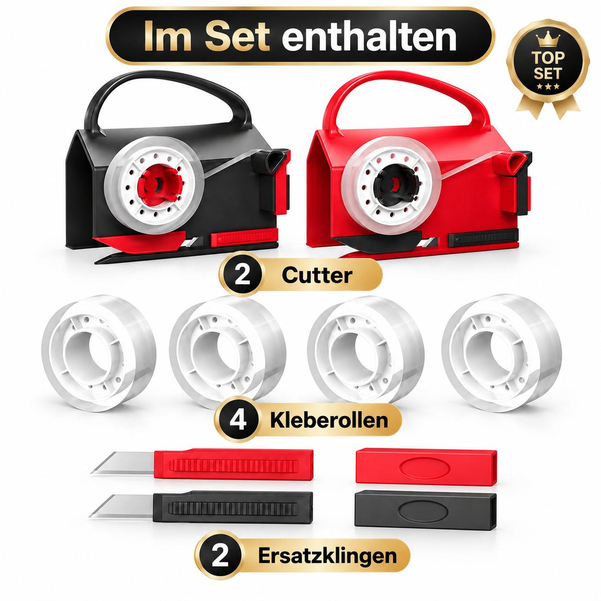 2-in-1 Geschenkpapier Cutter & Klebebandspender – 2er Set mit 4 Klebebandrollen + 2 Ersatzklingen