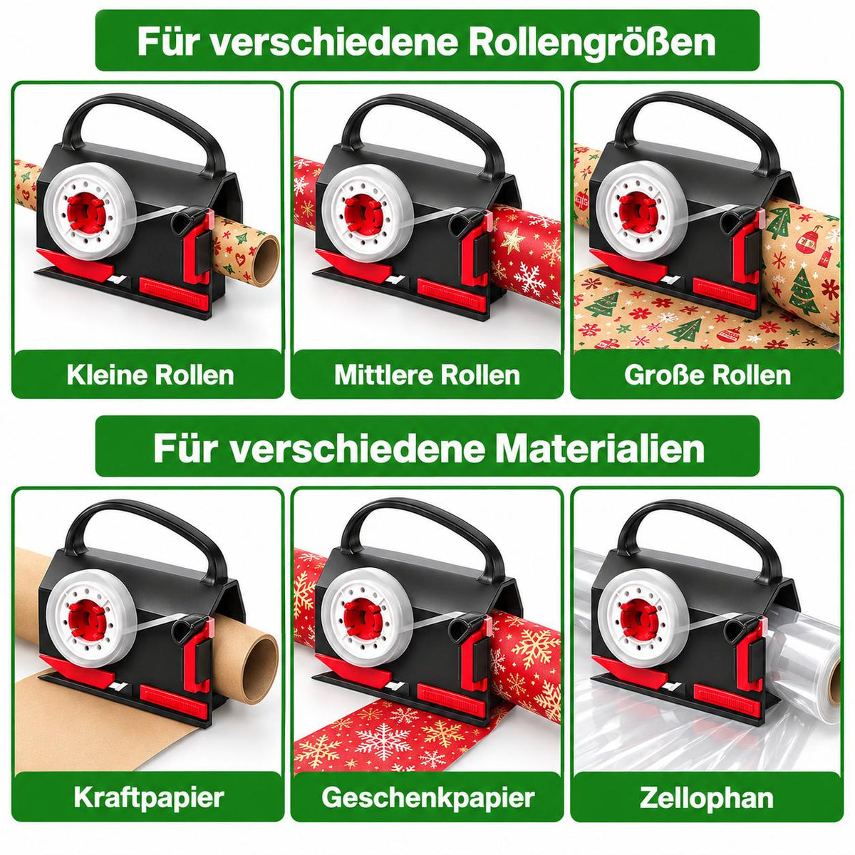 Geschenkpapier Cutter Vorteilspaket – 2x 2er Set kaufen + 1 Cutter GRATIS – 5 Cutter, 8 Klebebandrollen + 4 Ersatzklingen