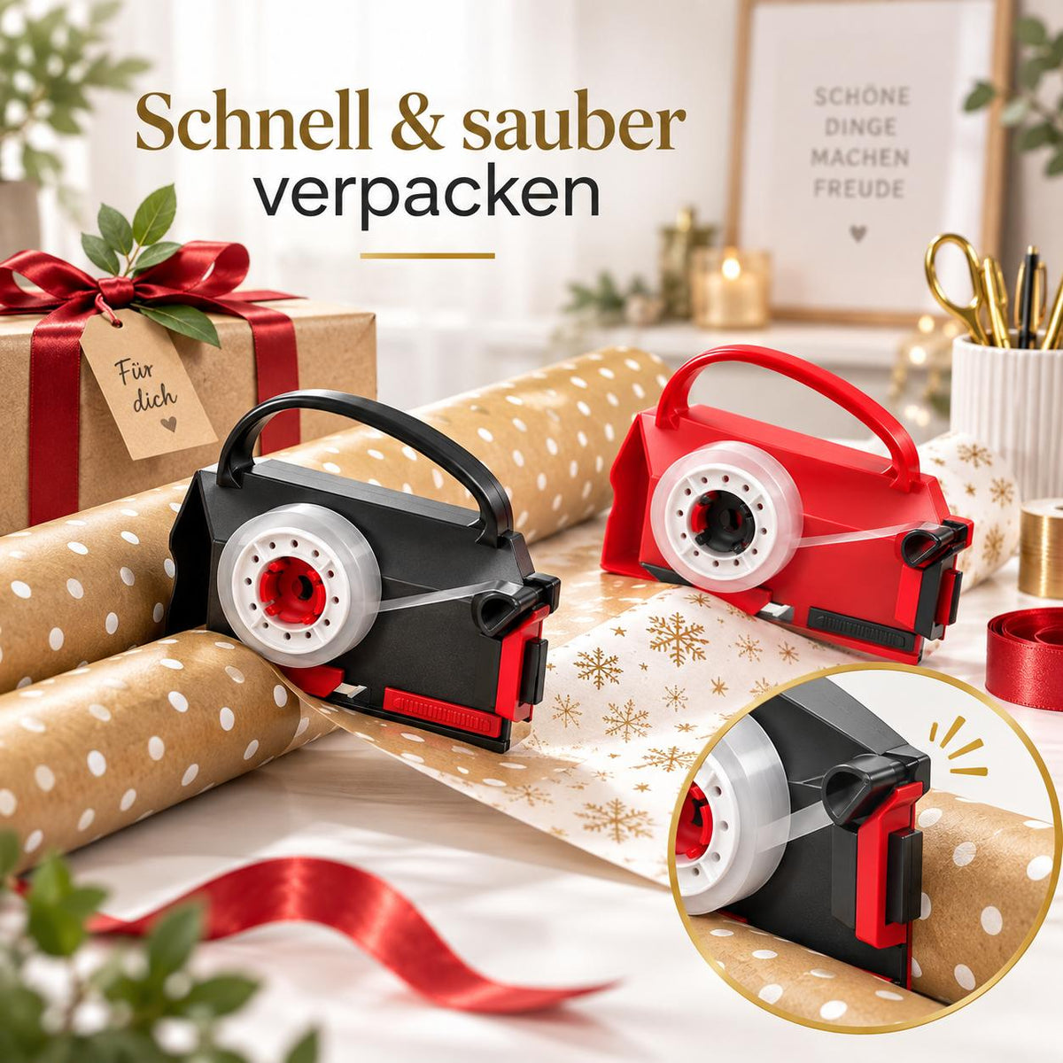 Geschenkpapier Cutter Vorteilspaket – 2x 2er Set kaufen + 1 Cutter GRATIS – 5 Cutter, 8 Klebebandrollen + 4 Ersatzklingen