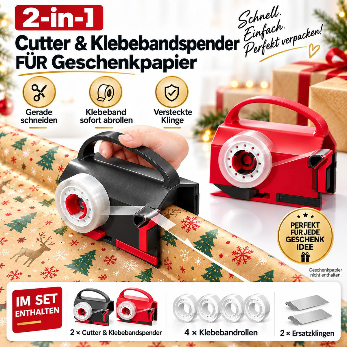 2-in-1 Geschenkpapier Cutter & Klebebandspender – 2er Set mit 4 Klebebandrollen + 2 Ersatzklingen