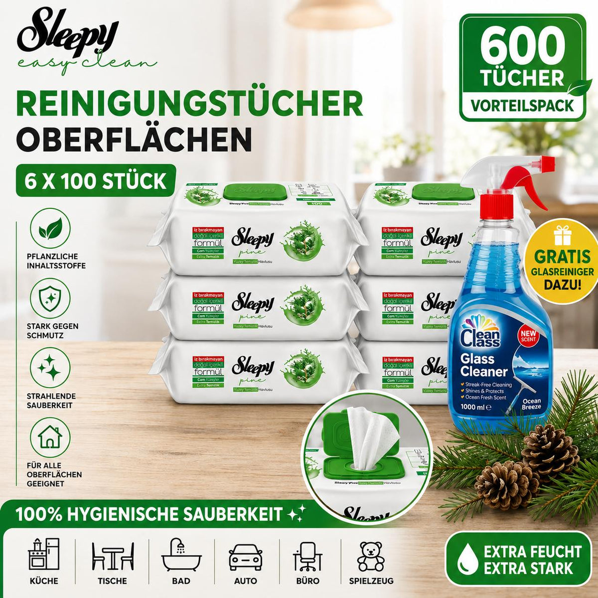 Sleepy Easy Clean Oberflächenreinigungstücher – 6x100 Pine + Glasreiniger GRATIS