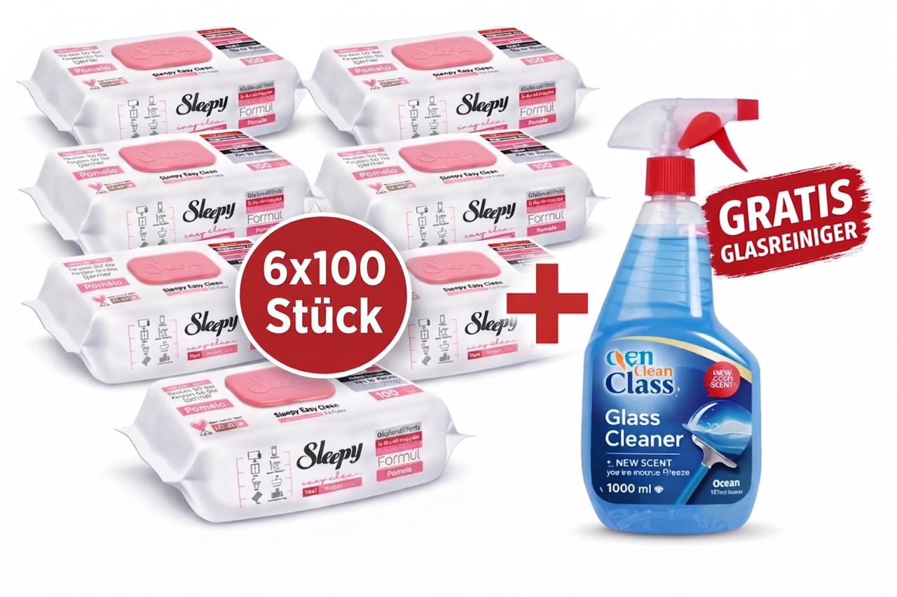 Sleepy Easy Clean Oberflächenreinigungstücher – 6x100 Pomelo + Glasreiniger GRATIS