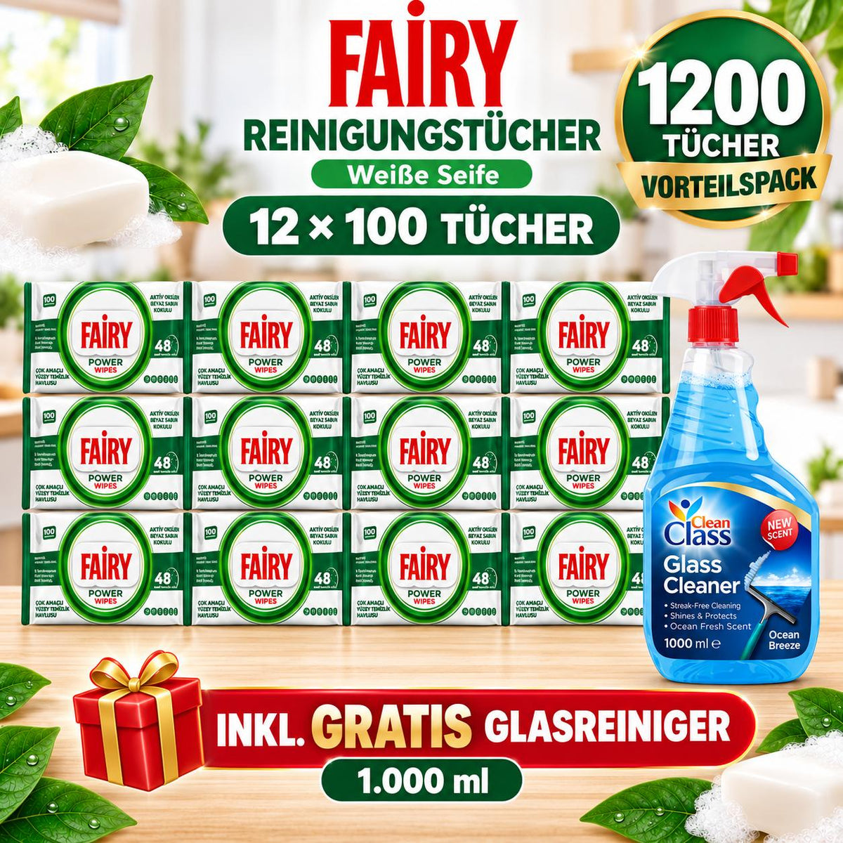 FAIRY Oberflächen-Reinigungstücher Power – 12er Set, 12 x 100 Tücher + 1 Gratis-Glasreiniger