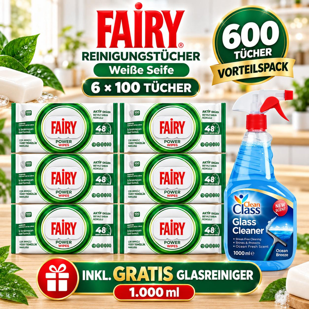 FAIRY Oberflächen-Reinigungstücher Power – 6er Set, 6 x 100 Tücher + 1 Gratis-Glasreiniger