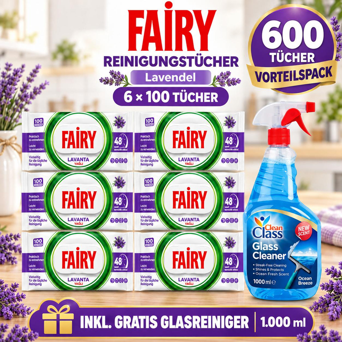 FAIRY Oberflächen-Reinigungstücher Lavendel – 6er Set, 6 x 100 Tücher + 1 Gratis-Glasreiniger