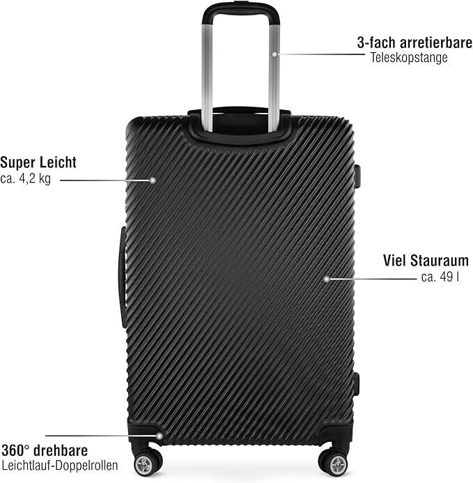bugatti Hartschalenkoffer M – Robuster Trolley mit 4 Rollen & TSA-Schloss, Schwarz, 65 cm