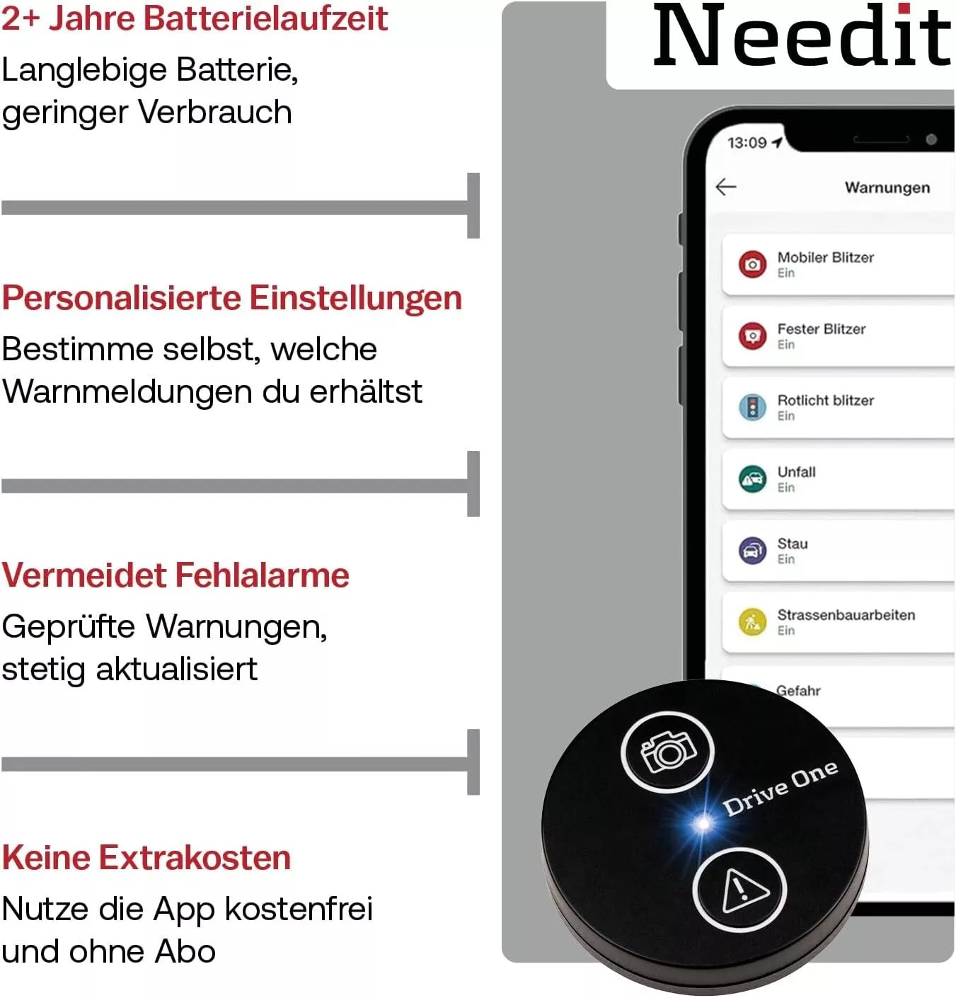 Needit Drive One – Original Warnsystem mit Echtzeit-Daten von Blitzer.de