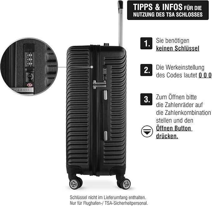 bugatti Hartschalenkoffer M – Robuster Trolley mit 4 Rollen & TSA-Schloss, Schwarz, 65 cm