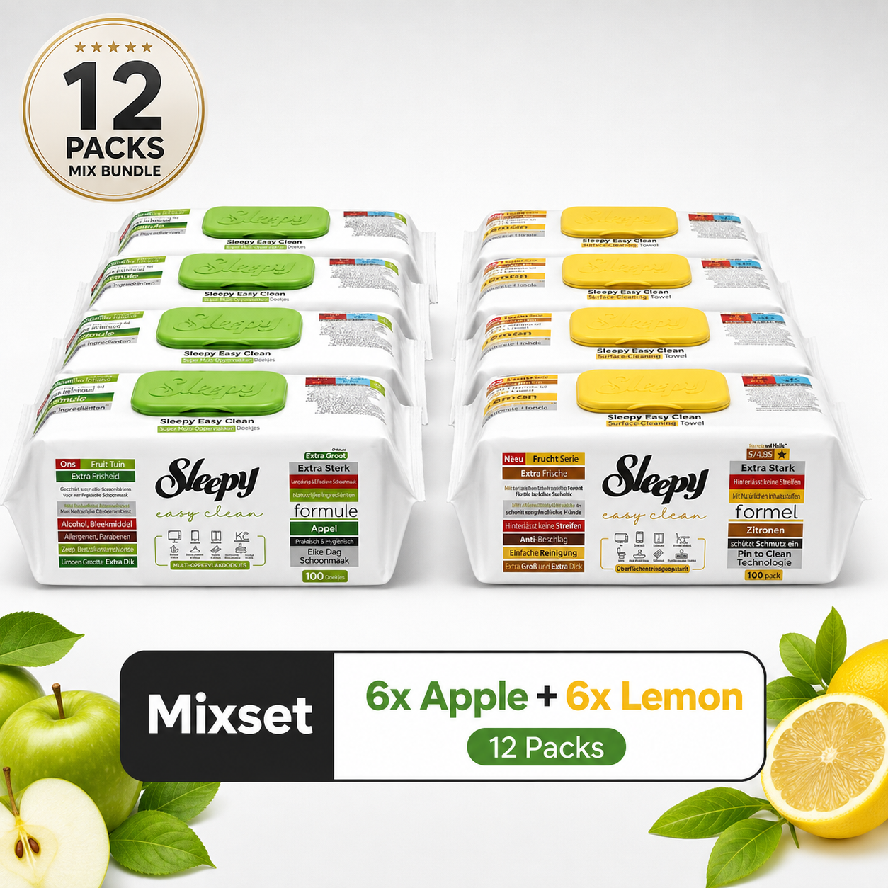 Sleepy Easy Clean Apfel & Zitrone Mix 12er Set – je 6x Apple & Lemon – 1.200 Reinigungstücher