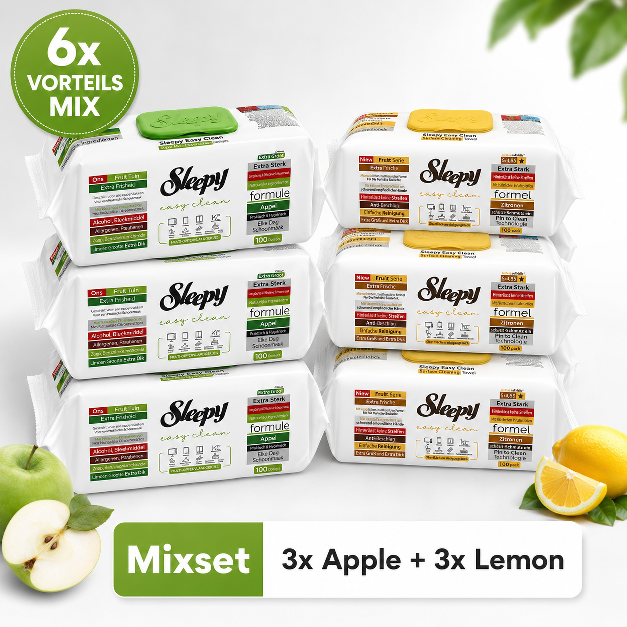 Sleepy Easy Clean Apfel & Zitrone Mix 6er Set – je 3x Apple & Lemon – 600 Reinigungstücher