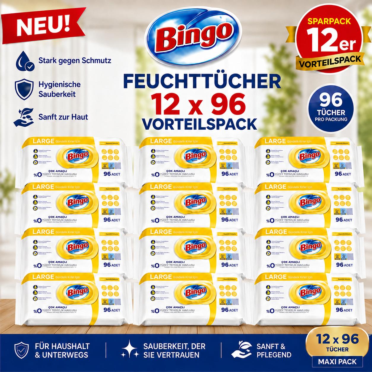 Bingo Feuchttücher Zitrone 12x96 Blatt – Lemon – Großpackung