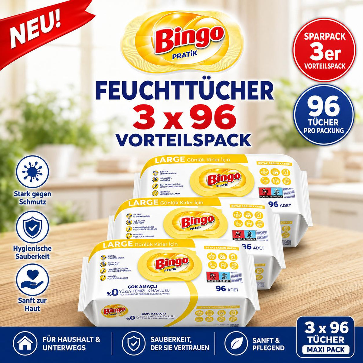 Bingo 3x96 Blatt – Mehrzweck Reinigungstücher – Große Oberfläche
